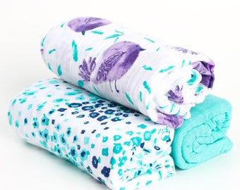 3 Pack Muslin Swaddle Blankets Birdies and Aqua Floral Set