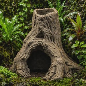 May include: A hollow, light brown tree stump ornament featuring a textured, weathered bark surface and a large, arched opening at the base. The structure is cylindrical with a jagged, open top, designed to resemble a natural, decaying log.