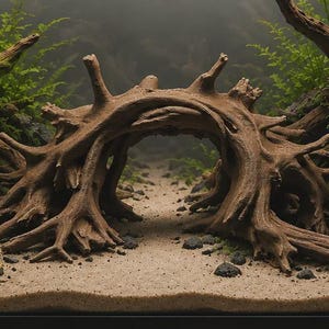 Puede incluir: Una pieza de madera flotante marrón en forma de arco sirve como pieza central en un acuario, con raíces y ramas nudosas e intrincadas. Está colocada sobre un sustrato de arena clara, rodeada de rocas gris oscuro y plantas acuáticas verdes.