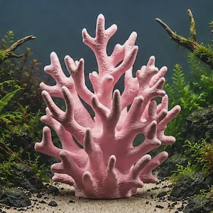 Puede incluir: Un adorno de acuario con forma de coral de color rosa pálido y superficie texturizada. La estructura presenta múltiples proyecciones en forma de dedos que se elevan hacia arriba y se estrechan en los extremos, creando una silueta densa y arborescente.