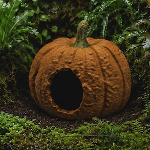 Puede incluir: Una estructura texturizada con forma de calabaza naranja, con un tallo verde oscuro y una gran abertura circular en la parte frontal. La superficie de la calabaza presenta profundas crestas verticales y un acabado rugoso e irregular.