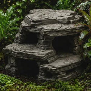 May include: A grey, multi-tiered rock formation structure featuring two distinct levels with hollowed-out cave openings. The surface displays a layered, textured appearance resembling natural stone strata with flat platforms and jagged edges.