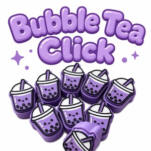 May include: A collection of purple bubble tea charms featuring a smiling face, white lid, and black straw. Above the charms, the text Bubble Tea Click is written in a bold, rounded, purple font with a white outline and small star accents.