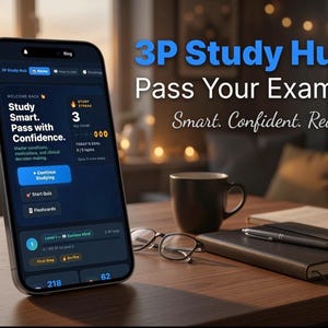 May include: A smartphone displaying the 3P Study Hub app interface with a dark blue theme, featuring text that reads Study Smart. Pass with Confidence. The screen shows study streak progress, quiz options, and flashcards for exam preparation.