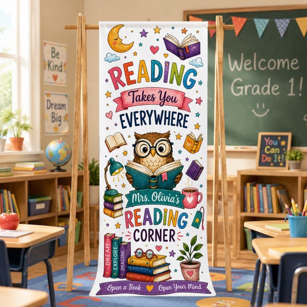 Reading Corner Linen Sign, Classroom Reading Banner, Library Decor, Book Nook Sign, Teacher Classroom Decor, Back to School