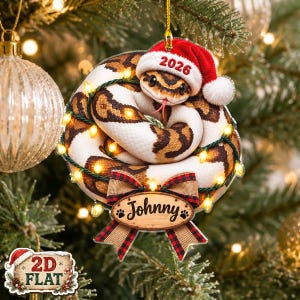 May include: A circular Christmas ornament featuring a coiled brown and white snake wearing a red Santa hat with the year 2026 printed on it. The snake is wrapped in string lights and has a wooden plaque below reading Johnny with paw prints.