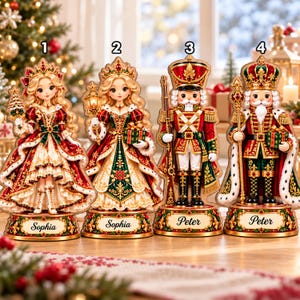 May include: Four decorative Christmas figurines numbered one to four. Figures one and two are female characters in red and green gowns with the name Sophia. Figures three and four are nutcracker soldiers in red and green uniforms with the name Peter.