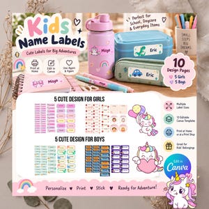 Puede incluir: Un conjunto de etiquetas personalizables para nombres de niños con 10 plantillas editables de Canva con varios diseños coloridos, incluyendo unicornios, dinosaurios y coches. Las etiquetas se muestran aplicadas en una botella de agua, fiambrera, estuche y cuaderno.