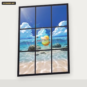 Könnte beinhalten: Ein rechteckiges Wandbild mit einem Raster aus neun Feldern, das eine durchgehende Strandszene mit blauem Himmel, weißen Wolken und klarem Wasser zeigt. Eine zentrale Sammelkarte zeigt ein gelbes Psyduck, das im Ozean schwimmt.