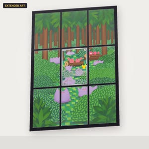 May include: A rectangular trading card featuring extended art of a forest scene with multiple purple Ditto creatures and a small yellow Pikachu character. The central card displays text and a forest illustration that continues into the black border.