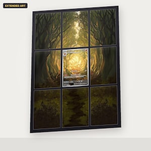 Puede incluir: Un expositor rectangular con una carta coleccionable Ninetales centrada en una cuadrícula de nueve paneles. La ilustración muestra un bosque dorado y brillante con árboles oscuros en silueta que enmarcan la carta central con un ser tipo zorro.