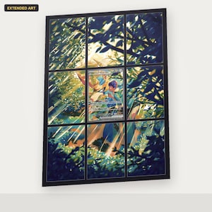 May include: A rectangular trading card featuring extended art of a forest scene with sunlight filtering through leaves, centered on a Zacian V character card. The card displays the text Zacian V, 210 HP, and various game statistics in a grid layout.