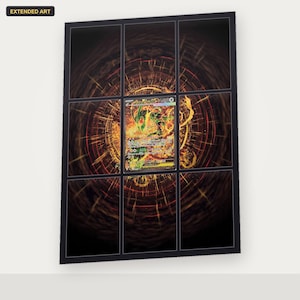 May include: A rectangular display featuring a central trading card with a green and orange dragon illustration, surrounded by an extended art border showing a circular, fiery orange and black radial burst pattern divided into a grid of nine sections.