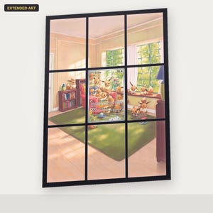 May include: A rectangular trading card featuring extended art of multiple Eevee characters in a sunlit room with a green rug, a bookshelf, and a window. The central card displays the name Eevee, 50 HP, and the attacks Ascension and Quick Attack.