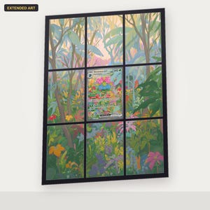 May include: A rectangular wall art print featuring a grid of nine window panes displaying a lush, colorful jungle scene with various plants and flowers. A Venusaur ex trading card is centered within the middle pane, labeled as Extended Art.
