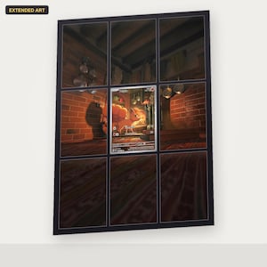 May include: A rectangular trading card featuring an extended art illustration of a Vulpix character in a warm, brick-walled kitchen setting. The card displays the name Vulpix, fire-type symbols, and game text, framed within a dark border grid.