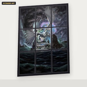 May include: A rectangular display featuring a central Lugia V trading card surrounded by extended artwork. The illustration depicts a large white bird-like creature flying over a dark, stormy ocean with jagged rocks and swirling clouds in the background.