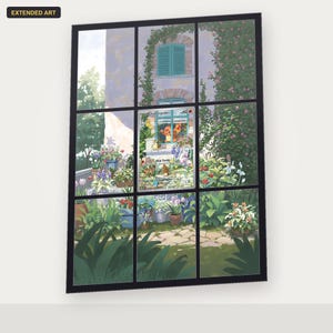 Könnte beinhalten: Ein rechteckiger Wandkunstdruck mit einem gitterartigen Fensterblick auf einen üppigen Garten mit Kletterpflanzen und Topfblumen. In der Mitte befindet sich eine Charmander-Sammelkarte mit dem Text Charmander und Heat Tackle.