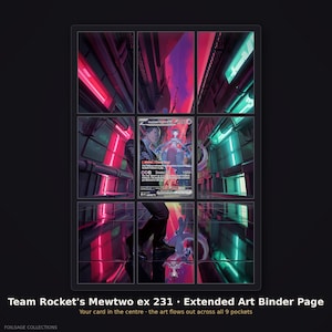 May include: A nine-pocket trading card binder page featuring an extended art display. The central pocket holds a Team Rocket's Mewtwo ex 231 card, while the surrounding eight pockets complete a continuous cyberpunk city scene with neon red and teal lighting.