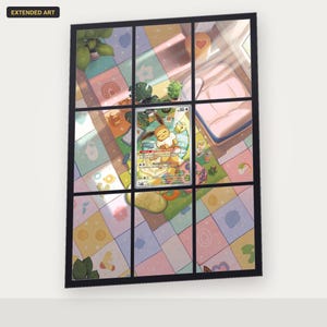 May include: A rectangular wall art print featuring a grid-style window frame overlaying a colourful illustration of a sleeping Eevee character on a pastel-coloured playmat. The scene includes potted plants, a bed, and toys, with an Eevee trading card centred.