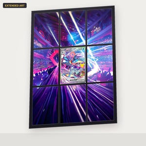 May include: A rectangular trading card featuring a Greninja ex character with 300 HP, displayed within a grid of nine panels that extend the vibrant purple and blue stadium concert artwork across the entire surface, labeled as Extended Art.