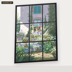 May include: A rectangular trading card featuring extended art of a Charmander character looking through a window into a lush garden filled with potted plants, flowers, and greenery. The card displays the name Charmander, 60 HP, and Heat Tackle.