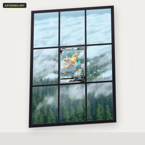 May include: A rectangular display featuring a Dragonite V trading card centred within a grid of nine window panes. The background art shows a forest landscape with green pine trees and white clouds. The text EXTENDED ART appears in the top left.