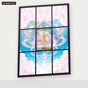 May include: A rectangular wall art piece featuring a central Mega Rayquaza GX trading card surrounded by an extended art border. The artwork displays a light blue sky with soft pink clouds and glowing light effects, framed by a black grid pattern.