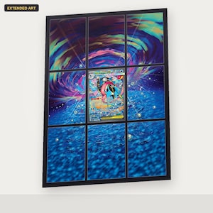 May include: A rectangular display featuring a central Mega Greninja EX trading card surrounded by an extended art border divided into nine grid sections. The artwork displays a swirling vortex of blue, purple, and pink hues with light orbs.