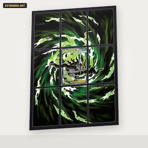 May include: A rectangular trading card featuring a central illustration of a dark, shadowy creature with glowing green accents. The artwork extends across a grid of nine panels, creating a swirling vortex effect. The text EXTENDED ART appears in the top left corner.