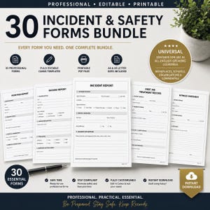 Op de afbeelding: Een bundel van 30 professionele, bewerkbare en printbare incident- en veiligheidsformulieren, waaronder rapporten voor bijna-ongevallen, gevaren, incidenten, eerste hulp en getuigenverklaringen, in A4- en US-letterformaat.