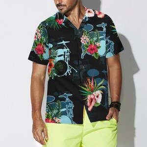 Tropical Music Hawaiian Shirt, Drum Pattern Aloha Shirt, Floral Button Up Shirt, Summer Beach Vacation Shirt, Gift For Music Lovers