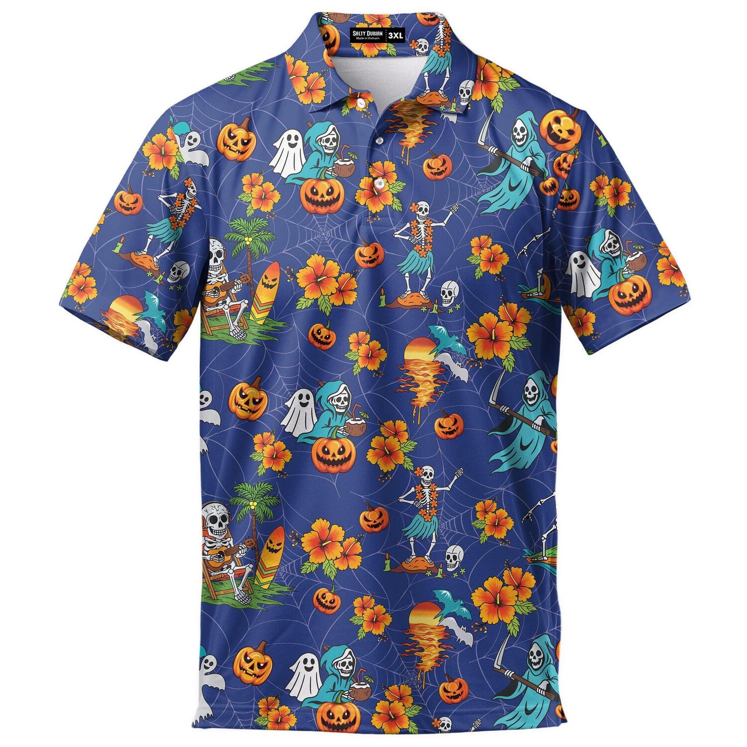 Halloween Pumpkin Mens Golf Polo, Spooky Skull and Ghost Print Shirt, Funny Halloween Golfer Gift for Men