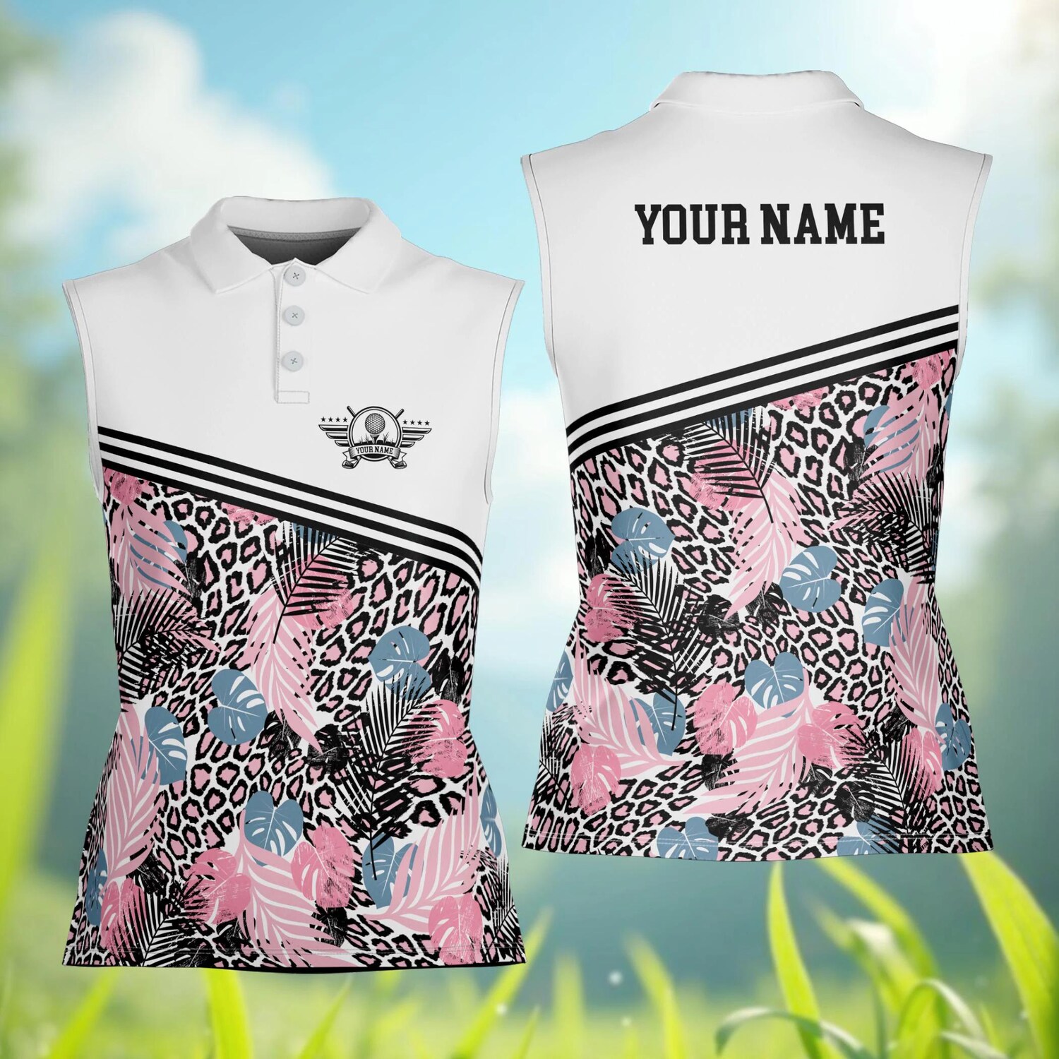 Personalized Skull Womens Sleeveless Golf Polo, Custom Name Pink Floral Golf Shirt, Gothic Golfer Gift for Women