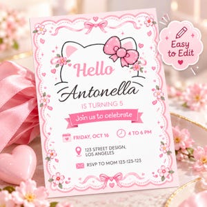 Verjaardagskaart voor een kattenmeisje, verjaardagskaart met poesje, digitale verjaardagskaart, digitale uitnodiging voor meisjes, roze verjaardagskaart voor meisjes