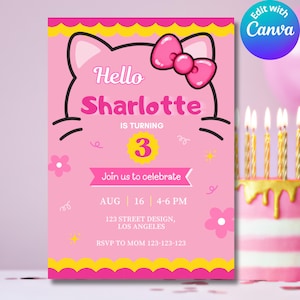 May include: A pink birthday invitation card featuring a black cat outline, a large pink bow, and the text Hello Sharlotte is turning 3. The design includes yellow scalloped borders, pink flowers, and event details like date, time, and location.