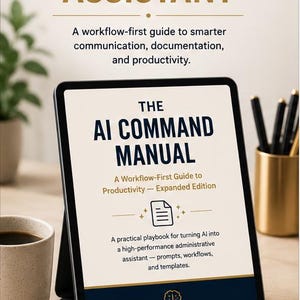 May include: A tablet displaying the cover of The AI Command Manual, a workflow-first guide to productivity. The screen features dark blue and gold text on a cream background, with the subtitle A Workflow-First Guide to Productivity - Expanded Edition.