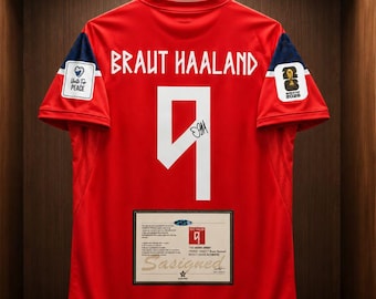 Camiseta de local de Noruega para el Mundial 2026 firmada por Erling Haaland – Camiseta de fútbol autografiada, certificado de autenticidad incluido, regalo ideal para él/ella.