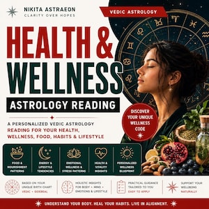 May include: A promotional graphic for a Vedic Astrology Health & Wellness reading by Nikita Astraeon. It features a profile of a person, a zodiac wheel, and text detailing personalized insights for health, food, habits, and lifestyle patterns.