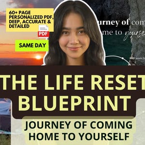 Puede incluir: Un documento digital titulado THE LIFE RESET BLUEPRINT: JOURNEY OF COMING HOME TO YOURSELF. El gráfico presenta una etiqueta 60+ PAGE PERSONALIZED PDF, DEEP, ACCURATE & DETAILED, un icono de PDF y una etiqueta SAME DAY sobre un fondo de paisaje al atardecer.