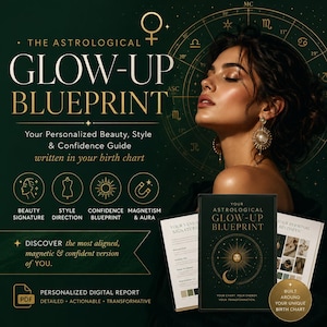 May include: A dark green digital report titled The Astrological Glow-Up Blueprint featuring gold text, a circular zodiac chart, and icons for beauty, style, confidence, and magnetism. The cover displays a sun and moon graphic with the text Your Chart, Your Energy, Your Transformation.