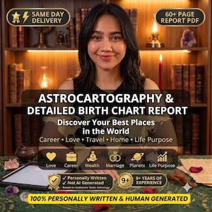 May include: A digital graphic for an astrocartography and birth chart report. The text reads: ASTROCARTOGRAPHY & DETAILED BIRTH CHART REPORT, Discover Your Best Places in the World, Career, Love, Travel, Home, Life Purpose, and 100% PERSONALLY WRITTEN.