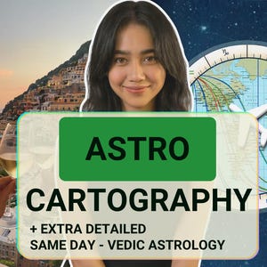 May include: A digital graphic featuring the text ASTRO CARTOGRAPHY + EXTRA DETAILED SAME DAY - VEDIC ASTROLOGY. The image includes a person, a coastal town landscape, a wine glass, and a circular astrological map with a white airplane icon.