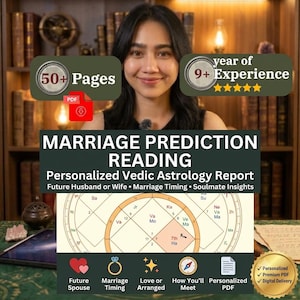Puede incluir: Un informe digital de astrología védica titulado Marriage Prediction Reading con una carta astrológica circular, 50+ páginas, 9+ años de experiencia y secciones sobre el futuro cónyuge, el momento del matrimonio y los encuentros.