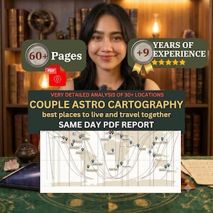 May include: A digital PDF report titled Couple Astro Cartography featuring a detailed analysis of 30+ locations. The document includes a world map with various location markers, 60+ pages of content, and a +9 years of experience badge.