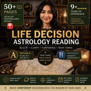 May include: A digital advertisement for a Life Decision Astrology Reading featuring text overlays detailing a 50+ page personalized report, 9+ years of experience, and options for comparing choices A and B based on birth charts, transits, and timing.