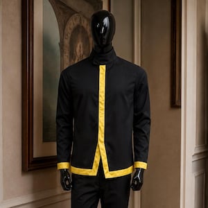 May include: A black long-sleeved jacket with a high collar and a vertical yellow stripe down the center front, paired with matching black trousers. The jacket features yellow cuffs at the wrists and a yellow hemline, worn with black dress shoes.