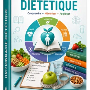 Puede incluir: Un libro de tapa dura titulado Dictionnaire Diététique con una cubierta blanca que presenta un diagrama circular central, un libro abierto, un tazón de ensalada, un portapapeles con una lista Bilan Nutritionnel y nueces.