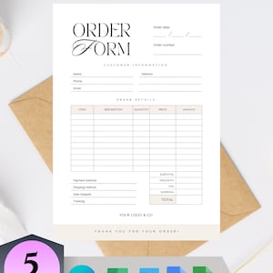 May include: A white order form template with black text featuring sections for customer information, order details, and payment methods. The document includes fields for item, description, quantity, price, and amount, with a footer stating thank you for your order.