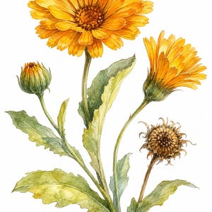 May include: A watercolor illustration of a calendula plant featuring a large, vibrant orange flower in full bloom, a smaller partially opened bud, a side-facing flower, and a dried, brown seed head, all supported by green, serrated leaves.